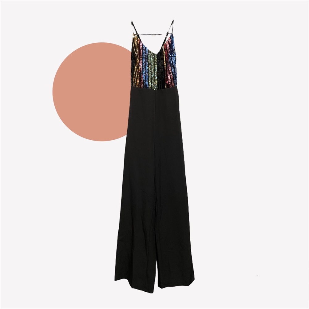 Shine and Dandy Black Multi Rainbow Sequin Jumpsuit